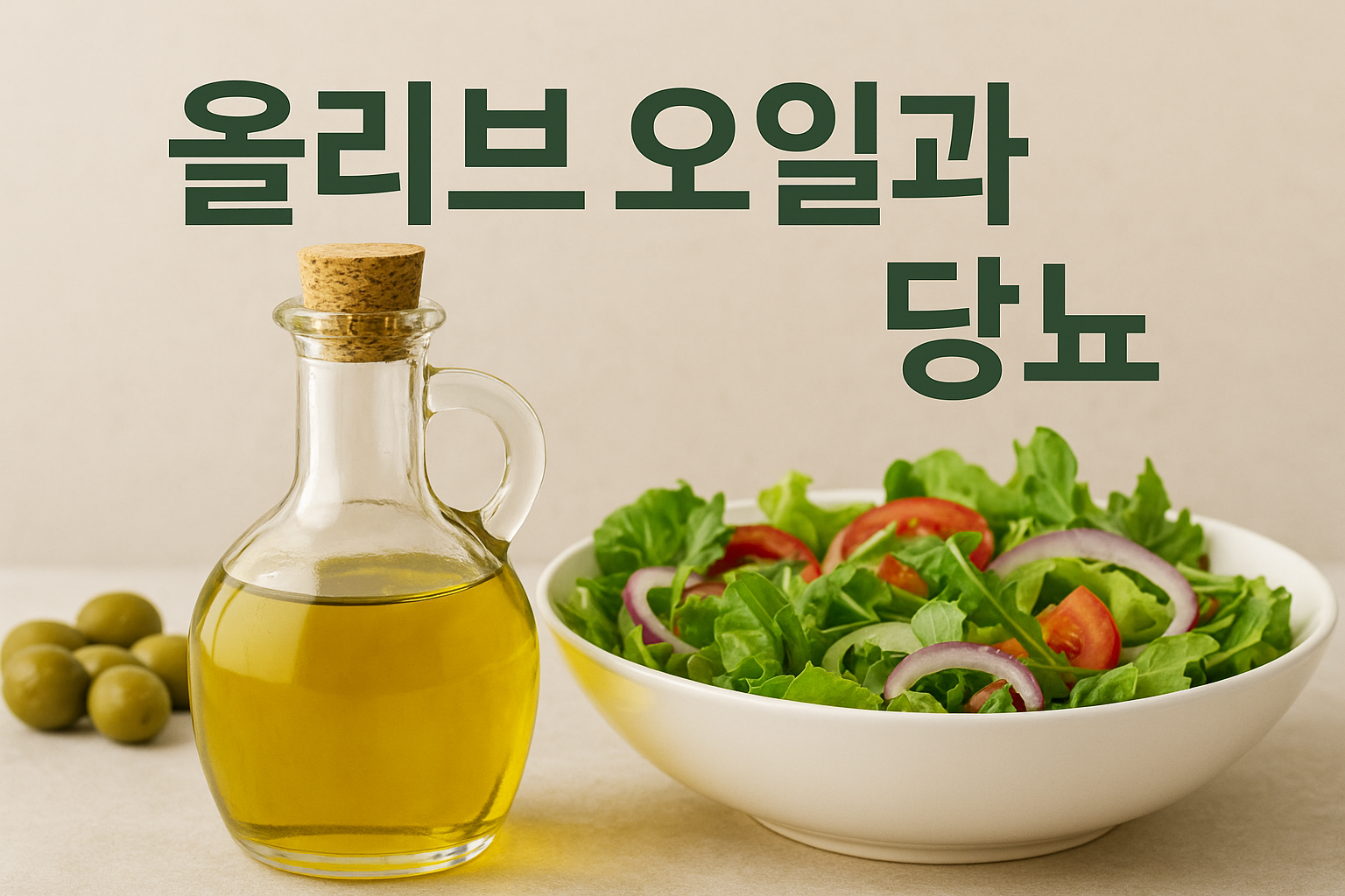 코르크 마개에 닫혀 있는 올리브 오일 병과 야채 샐러드가 있다. 올리브오일과 당뇨라는 문구가 적혀 있다.