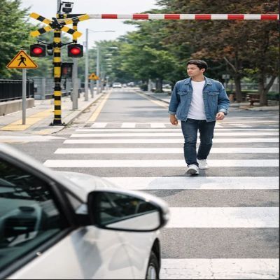 건널목앞에 자동차와 건널목을 건너는 사람