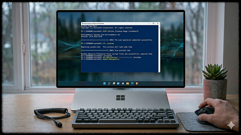 윈도우 PowerShell에서 디펜더 복구 명령을 실행하는 모습