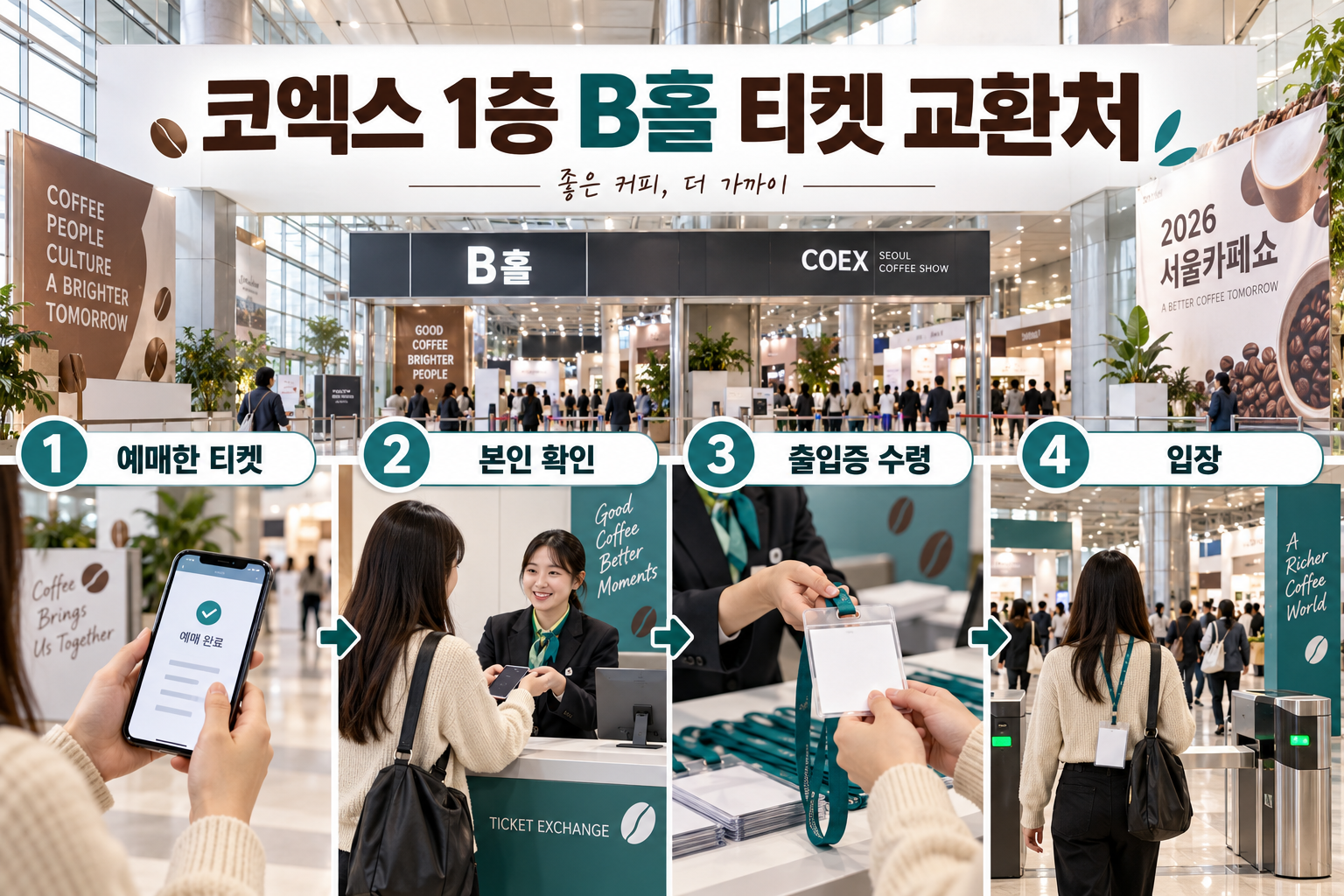 코엑스1층 B홀에서 예매 티켓 확인, 본인 확인, 출입증 수령 후 입장하는 과정
