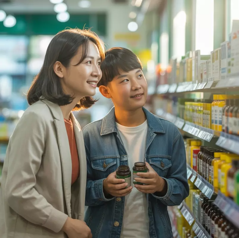 키크는 영양제를 고르고 있는 엄마와 아들 이미지