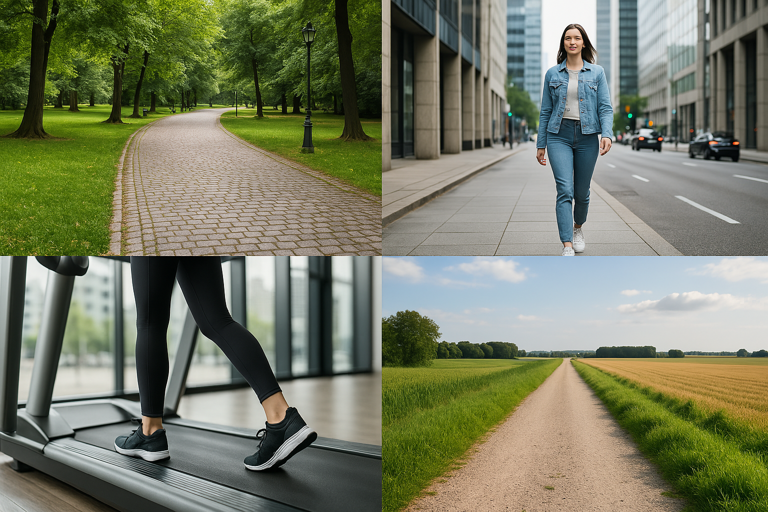 다양한 걷기 환경 사진 콜라주(공원, 도심, 실내 등)