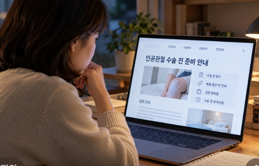 집 안 책상에서 인공관절 수술 전 병원 안내를 확인하는 성인 여성