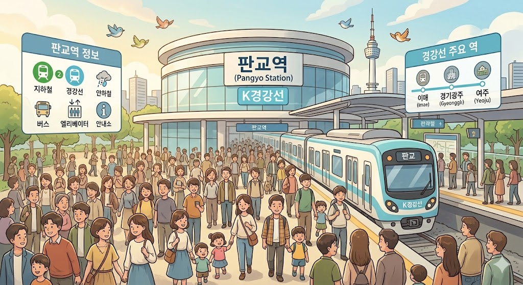 판교역 광장과 경강선 전철을 이용하는 사람들 모습