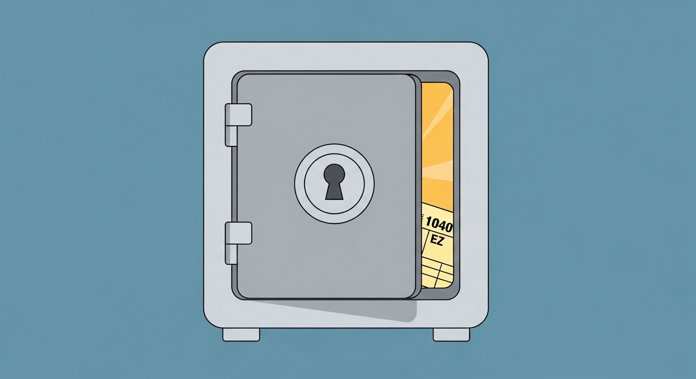 "A detailed illustration of a safe, locked vault with a single keyhole, symbolizing tax savings and security. The vault door is slightly ajar, revealing golden light and a low-digit tax form. Professional, calming blue and grey color scheme. Minimalist, modern flat design style."