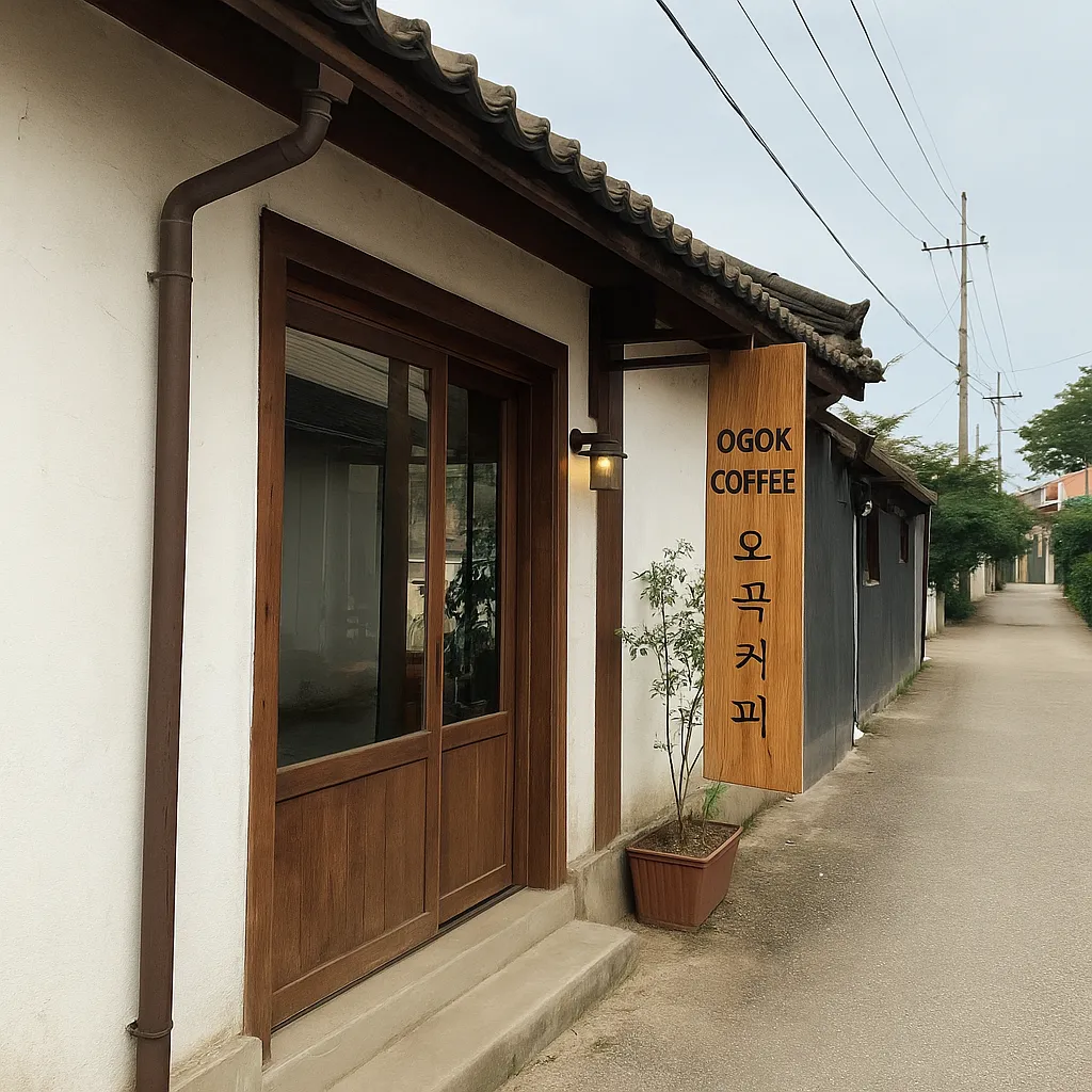 조용한 골목길에 자리한 오곡커피 외관과 나무 간판