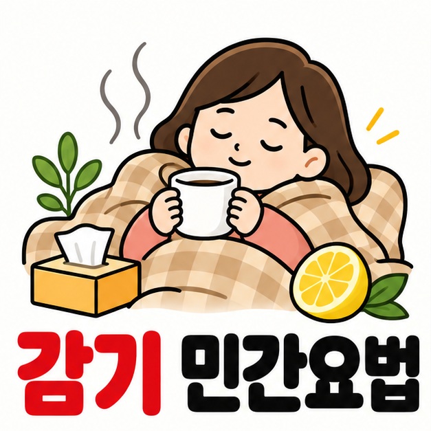 따뜻한 차와 휴식 아이콘 옆에 감기 민간요법 문구를 크게 보여주는 대표 카드