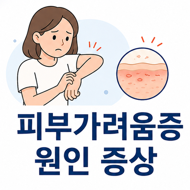 팔의 피부 상태를 살펴보는 사람으로 피부가려움증 원인과 증상을 표현한 건강 정보 이미지