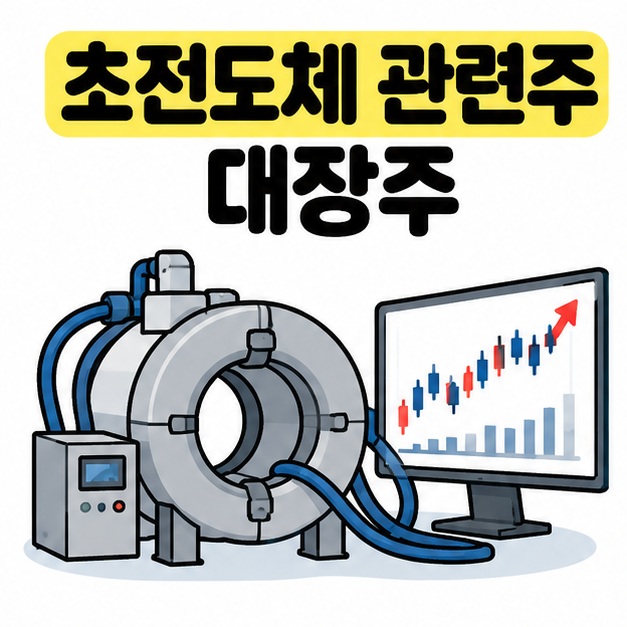 초전도 자석과 주식 차트 옆에 초전도체 관련주 대장주 제목을 크게 배치한 카드