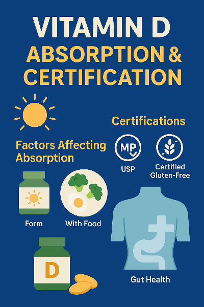 비타민D 영양제의 흡수율에 영향을 주는 제형, 지방과의 관계, 공복 섭취 여부 등과 함께 GMP, USP, NSF 등 국제 인증 마크의 의미를 그래픽으로 보여주는 이미지입니다. 초보자도 빠르게 이해할 수 있도록 시각 정보로 구성되어 있습니다.
