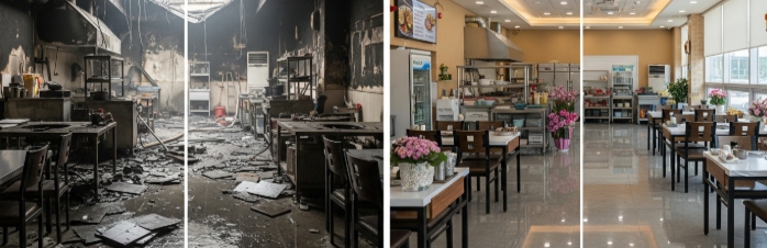 상가 음식점 화재 복구 전후