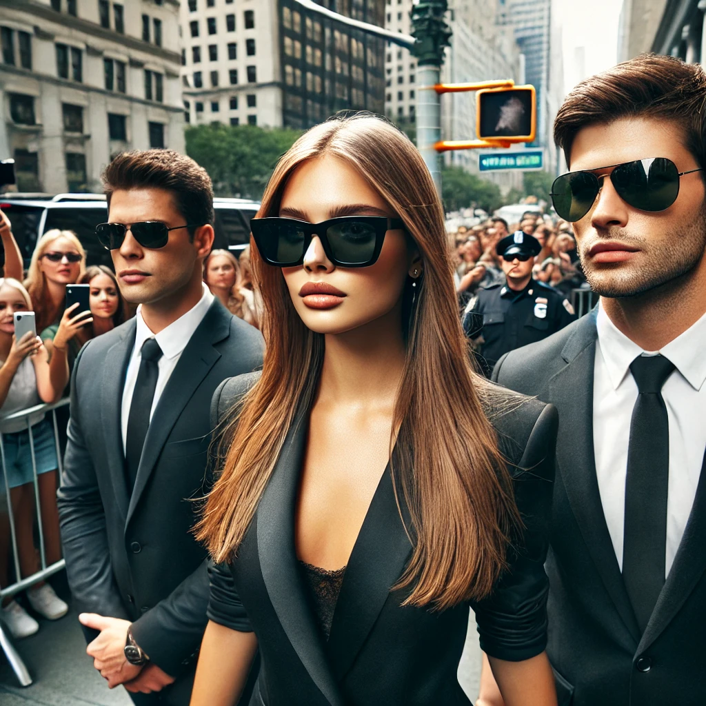 헐리우드 여성 배우가 썬글라스를 쓰고, 두명의 썬글라스를 쓴 경호원사이에 서서 펜스안으로 걸어가고 있는데, 펜스 밖에서 팬들이 셀폰으로 촬영을 하고 있는 이미지