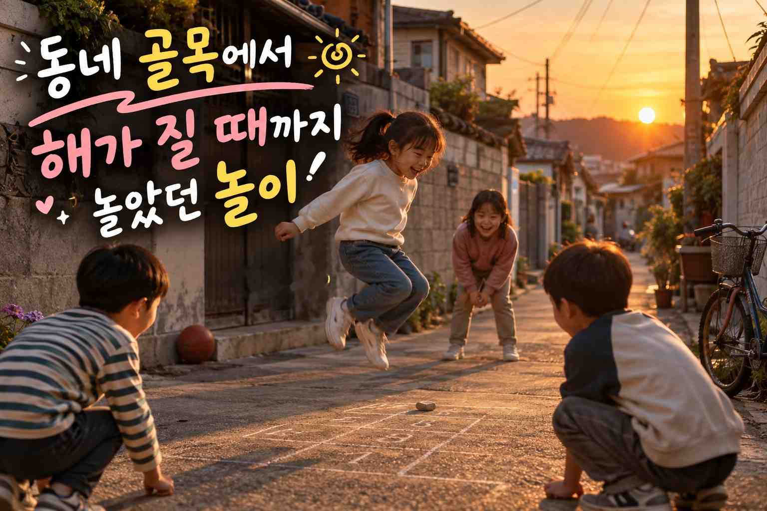 노을진 동네 골목에서 여러 아이가 뛰고 바닥 놀이를 하는 모습과 제목 문구