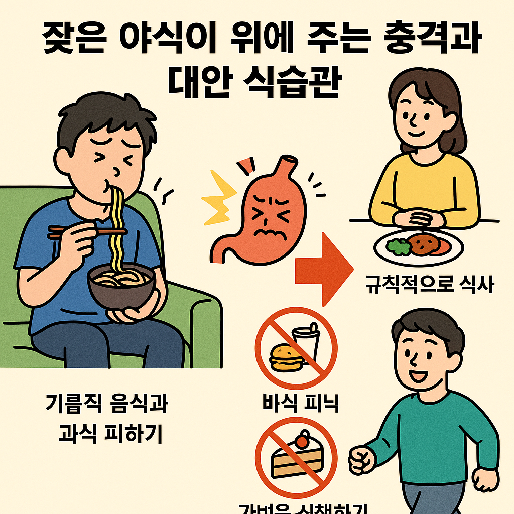 야식이 위에 주는 충격과 대안 식습관 이미지