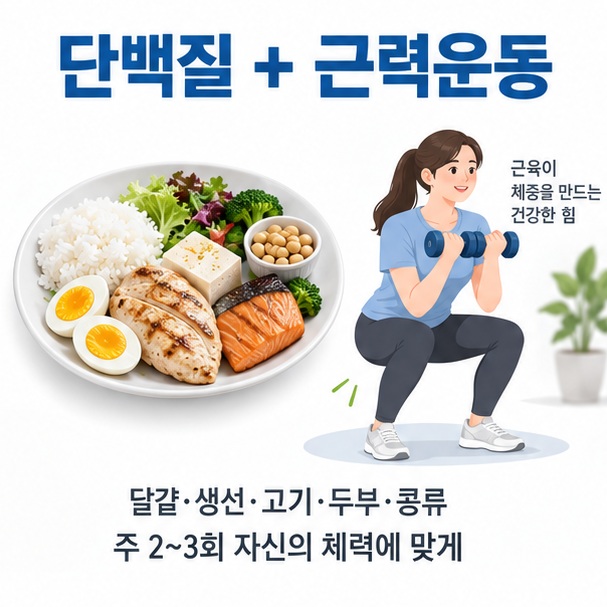 체중만 늘리기보다 단백질 섭취와 근력운동으로 근육량을 함께 늘리는 방법을 표현한 이미지