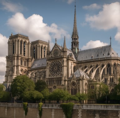 파리 센 강변에 우뚝 서 있는 노트르담 대성당 전경