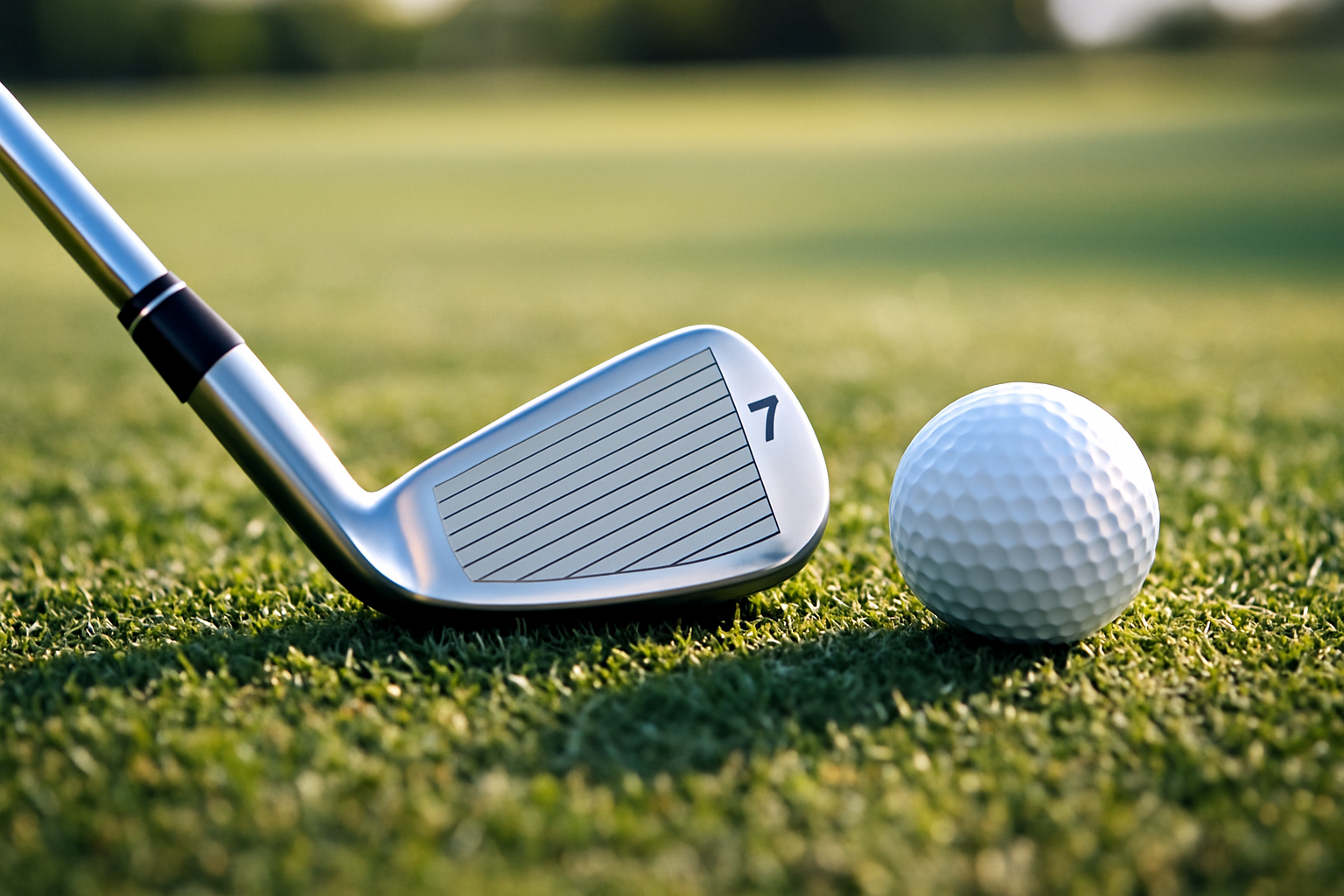 골프 잔디위에 7번 아이언과 골프공 나란히 있는 이미지