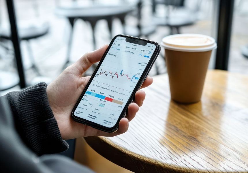 스마트폰으로 미국 채권 ETF 매매 그래프를 확인하는 투자자 모습