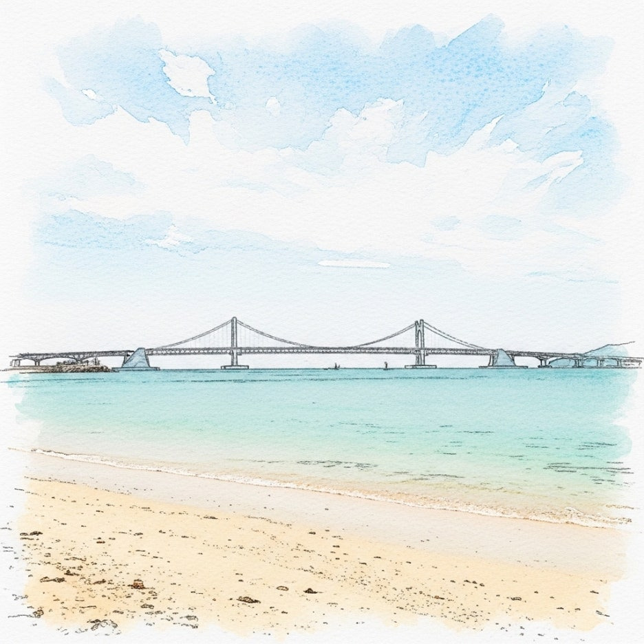 선유도 해변과 멀리 보이는 다리가 어우러진 풍경