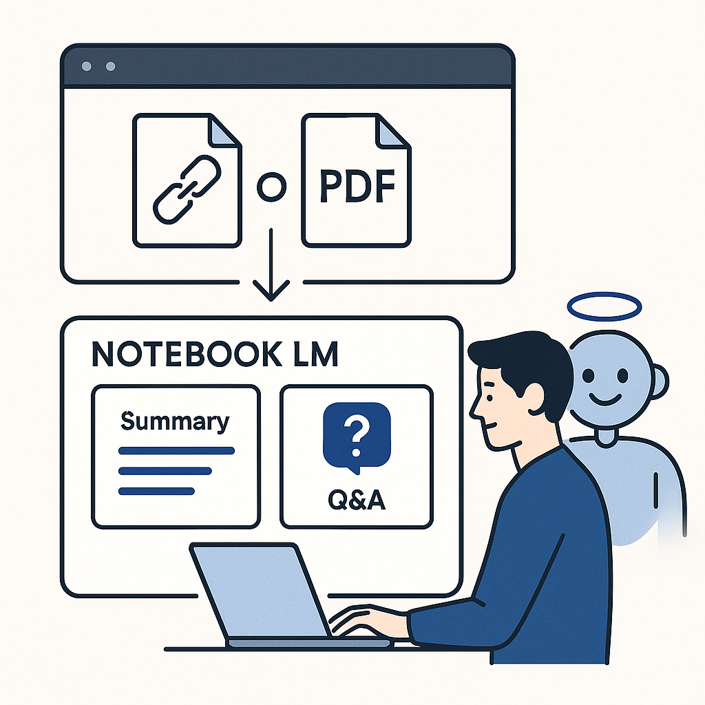 AI가 링크와 PDF 자료를 받아 문서를 분석하고 요약과 Q&A를 생성하는 장면을 시각적으로 표현한 일러스트