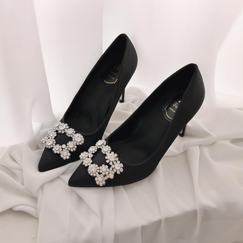 블랙 웨딩슈즈 스퀘어 크리스탈 장식슈즈 셀프웨딩구두 큐빅장식 새틴힐 9cm
