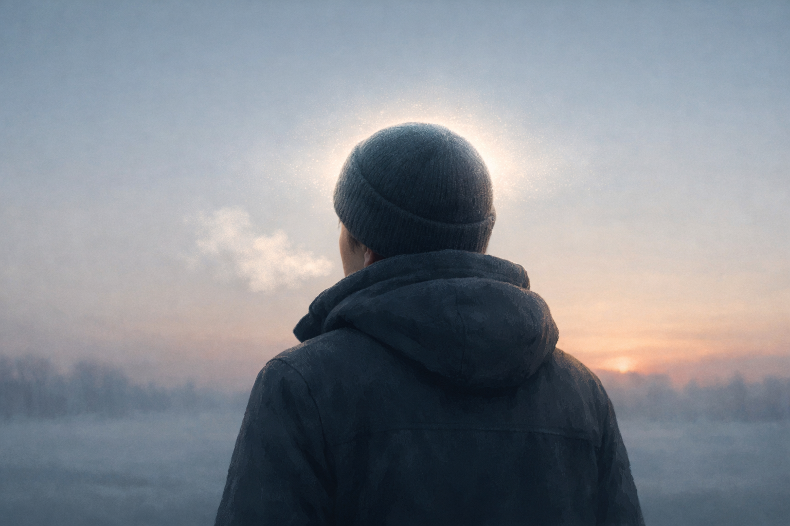 겨울철 야외에서 입김을 내뿜는 남자 뒷모습 일러스트