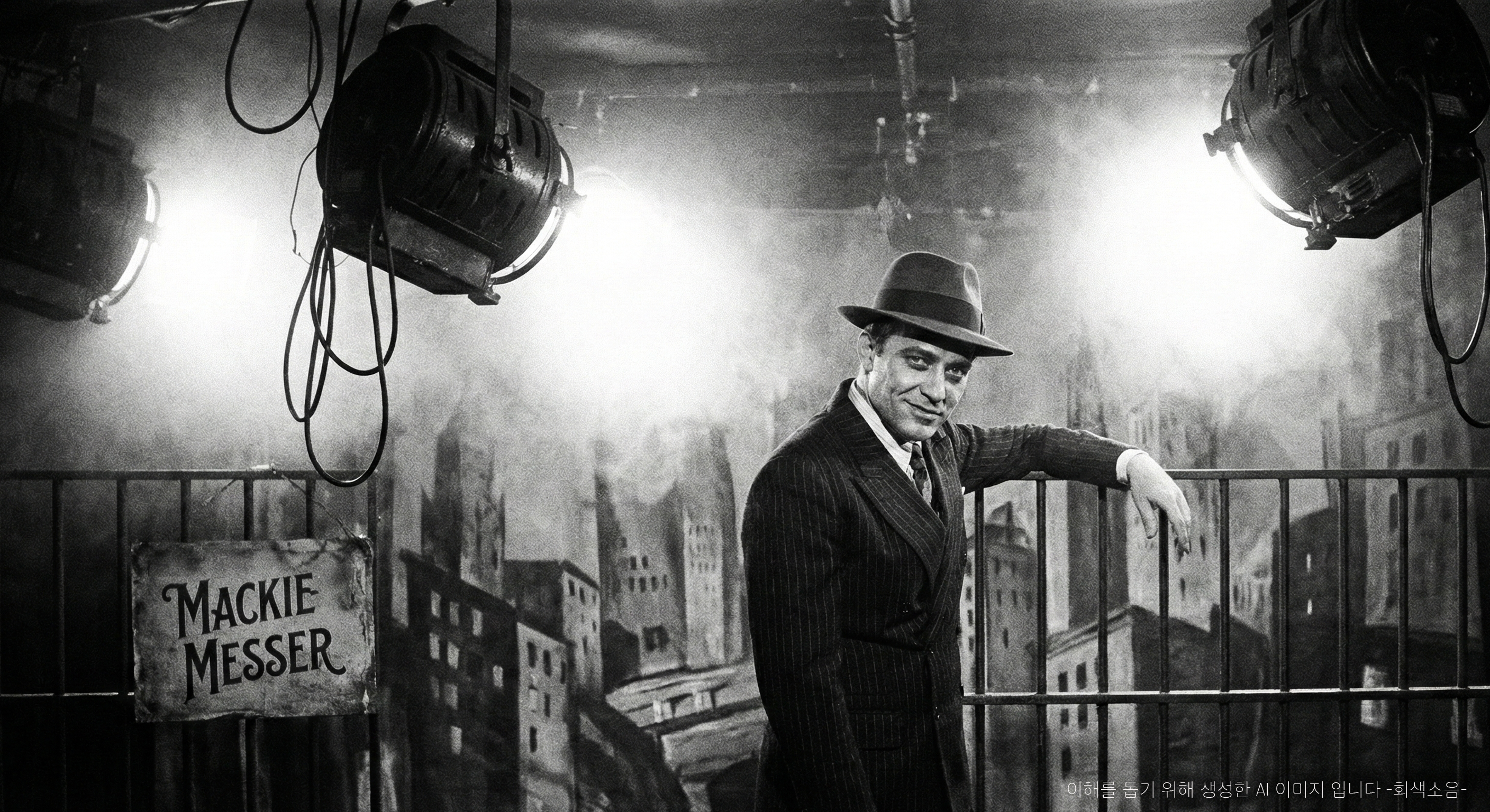 4번째 벽을 깬 시선 : 1920년대 베를린 카바레 무대에서 감옥 창살 뒤에 선 남자가 강한 조명 아래 카메라를 응시하며 냉소적으로 미소 짓는 거친 흑백 장면.