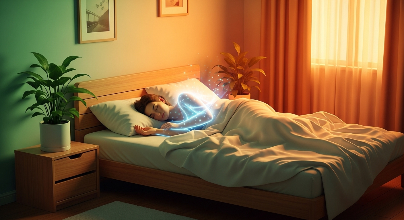 평화로운 침실에서 숙면을 취하는 사람, 푸른 식물과 따뜻한 조명이 어우러져 삶의 질이 높아지는 모습을 상징