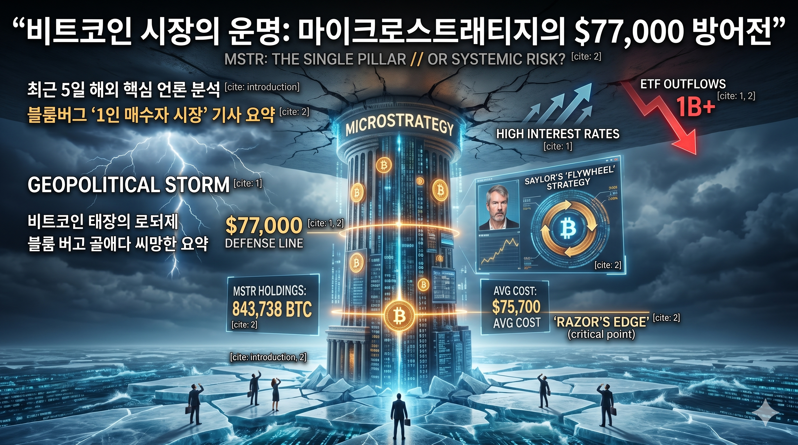 거시 경제의 폭풍우 속에서 가상자산 시장을 홀로 위태롭게 지탱하고 있는 마이크로스트래티지라는 거대한 기둥을 시각화한 그래픽 이미지입니다.