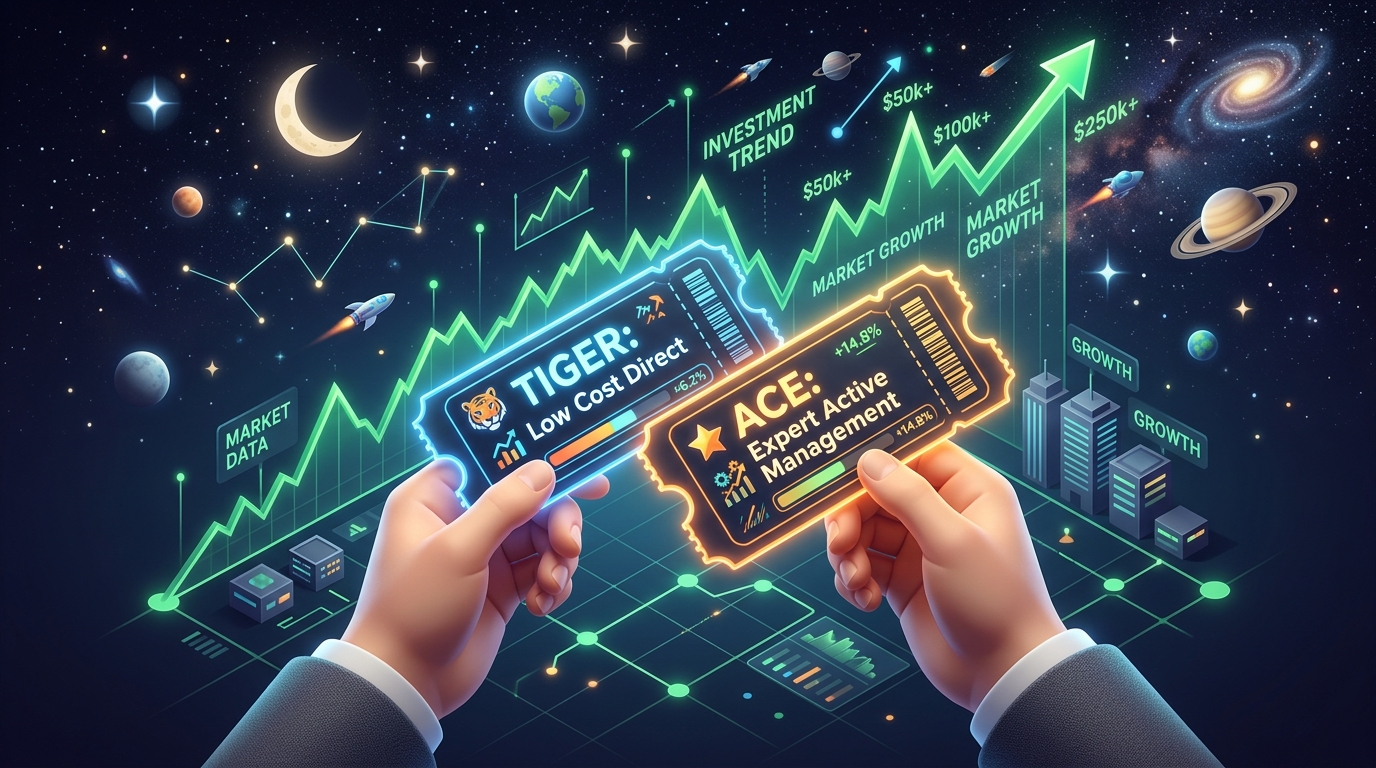 저렴한 'TIGER 우주 직행 티켓'과 유연한 'ACE 전문가 관리 서비스' 중에서 고민하는 투자자의 그래픽