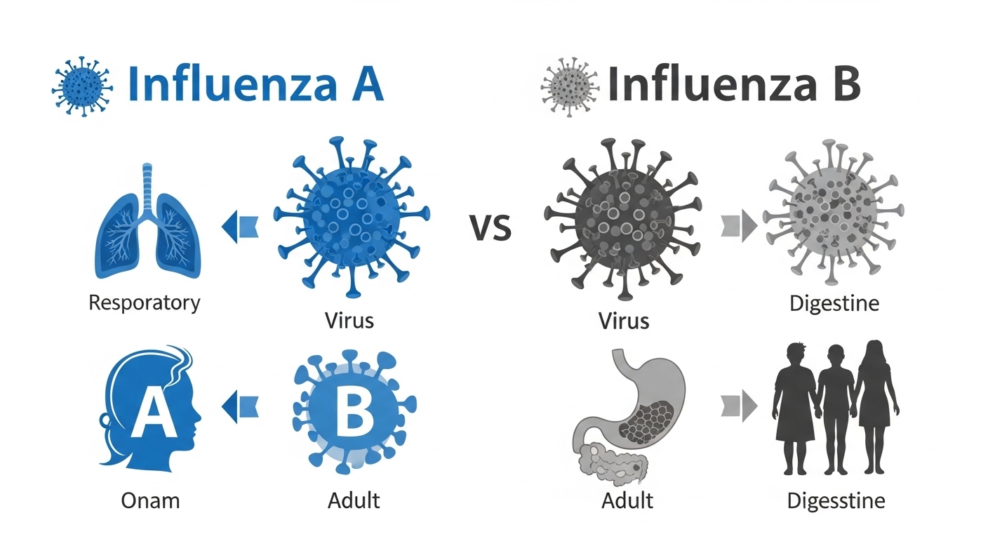 A형 독감과 B형 독감의 바이러스 구조, 주요 증상, 유행 시기 등을 비교하는 인포그래픽