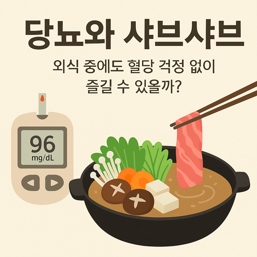 &ldquo;당뇨와 샤브샤브&rdquo; 제목의 썸네일 이미지. 혈당 측정기(96mg/dL)와 샤브샤브 냄비 속에 채소, 버섯, 두부, 얇게 썬 소고기가 담겨 있고, 젓가락으로 고기를 데치는 장면이 함께 있는 따뜻한 실사풍 일러스트. &ldquo;외식 중에도 혈당 걱정 없이 즐길 수 있을까?&rdquo;라는 문구가 함께 표시되어 있다.