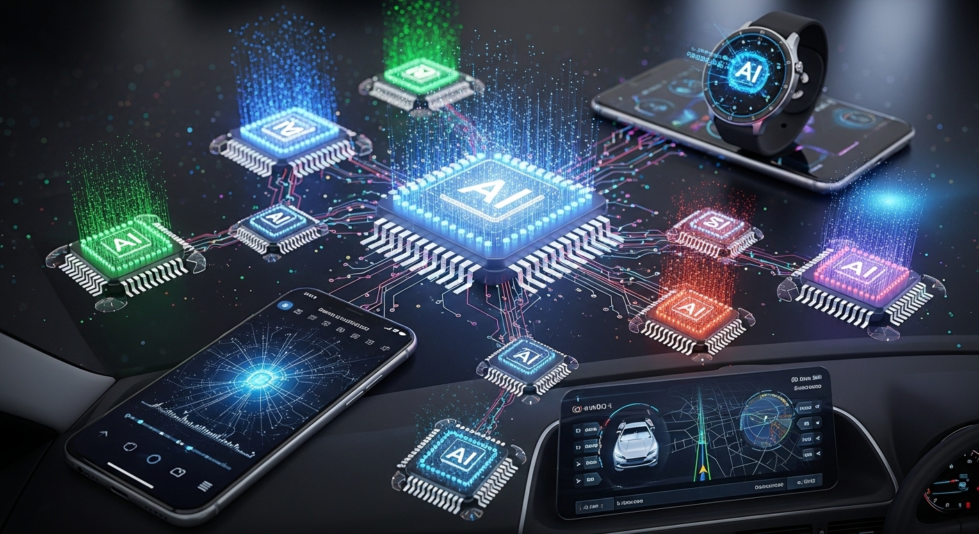 스마트폰, 자동차, 스마트워치 등 다양한 기기에 내장된 AI 칩셋이 독립적으로 빛나며 연결되는 온디바이스 AI 세상의 개념도