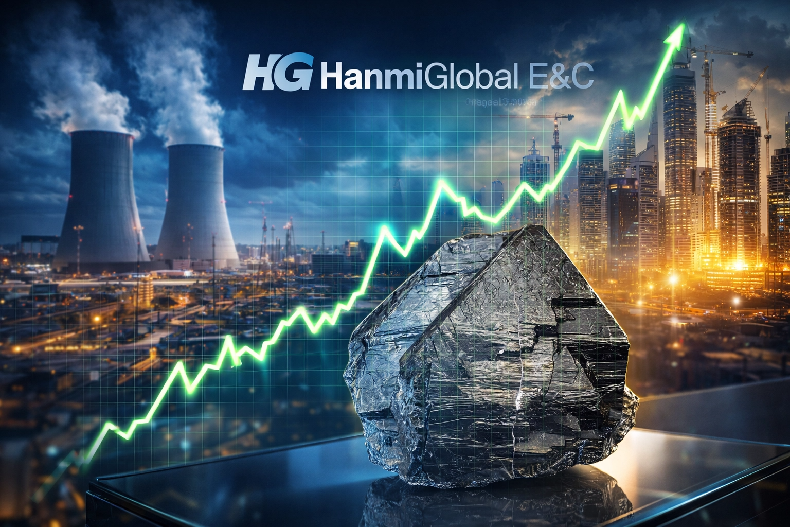 한미글로벌 로고와 글로벌 원전 및 건설 현장 배경 위에 상승하는 주가 그래프와 텅스텐 광석 이미지가 합성된 모습