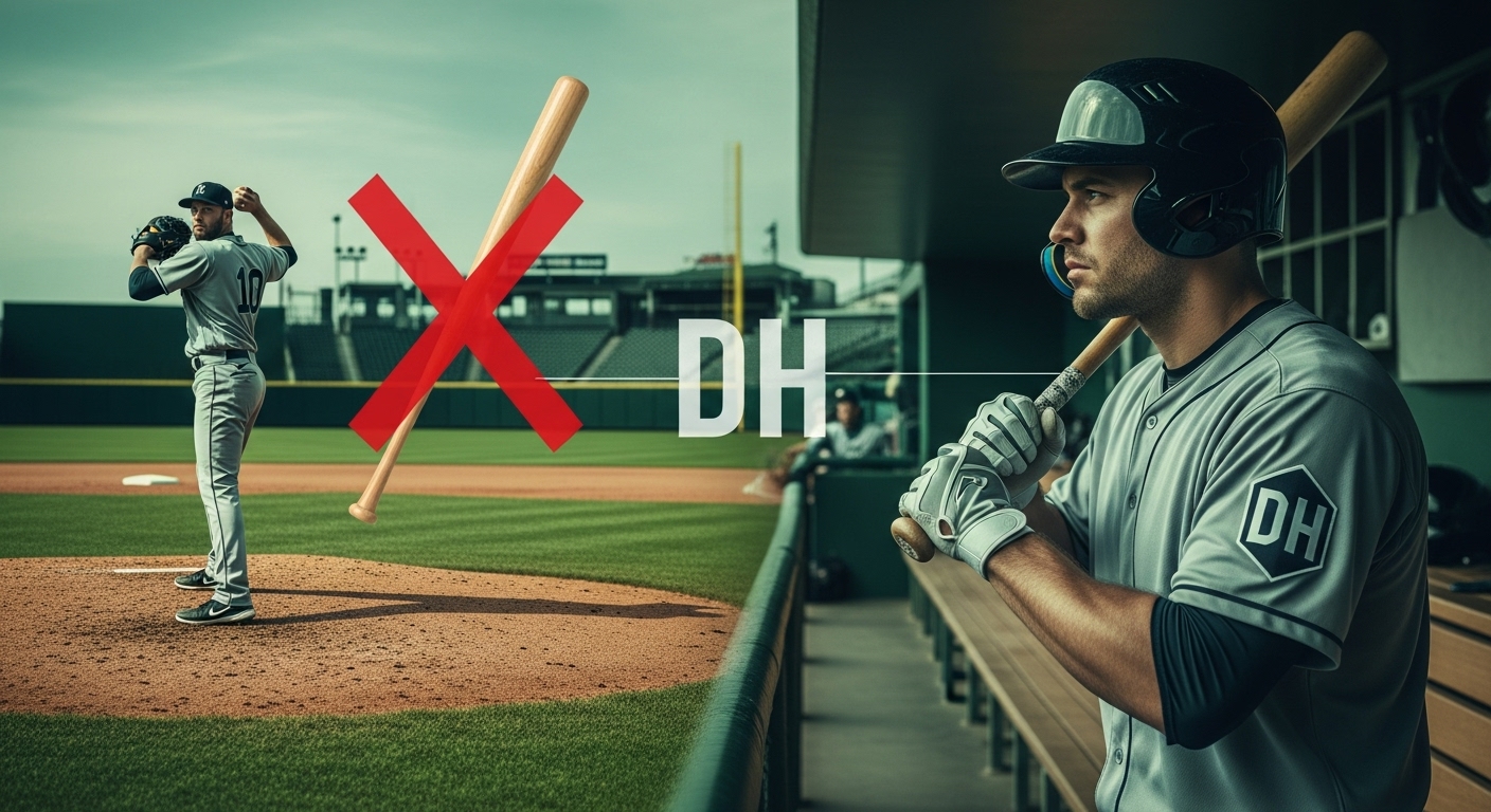 지명타자(DH) 제도를 상징하는 이미지. 투수가 타석에서 제외되고 타자가 준비하는 모습.