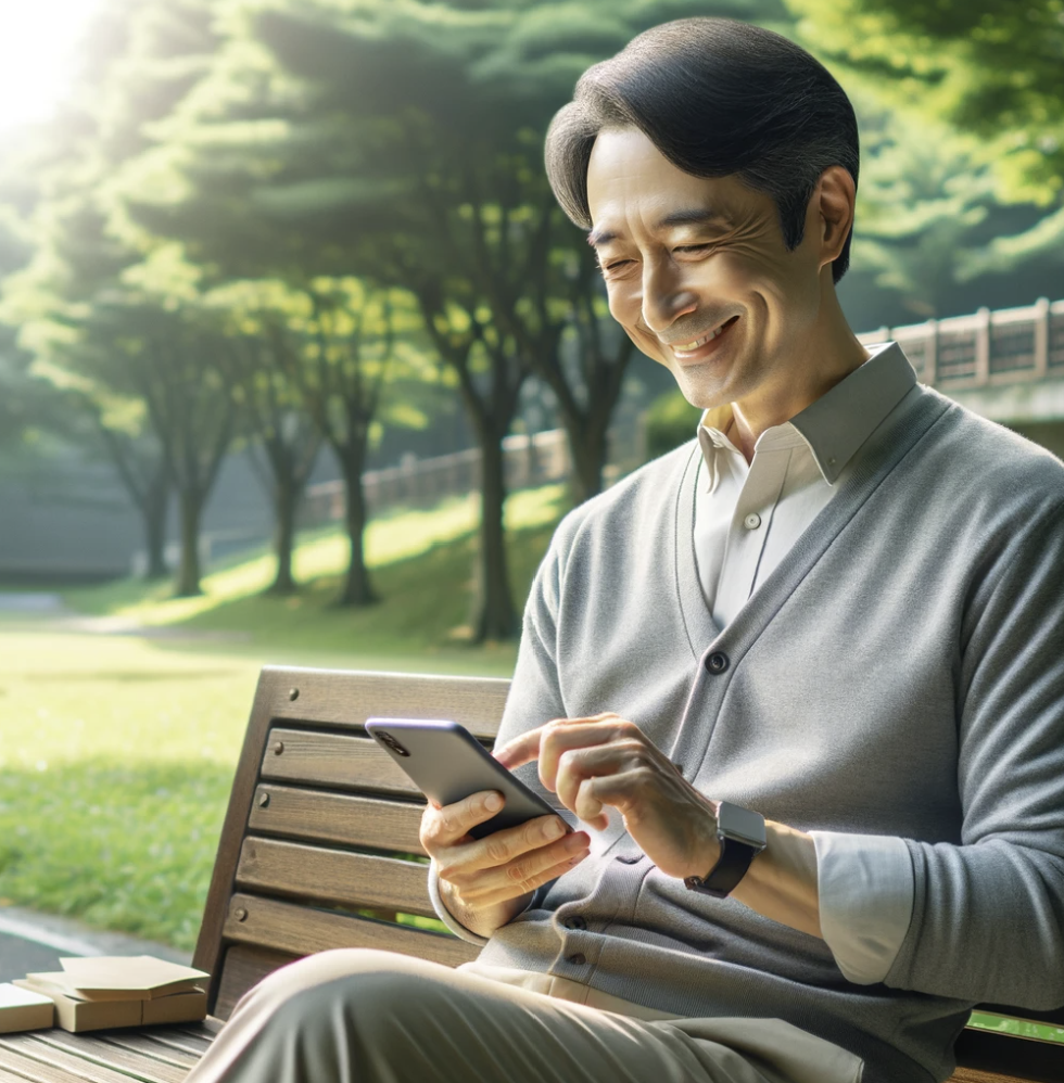공원 벤치에서 스마트폰으로 연금 자산을 확인하며 미소 짓는 중년 남성.