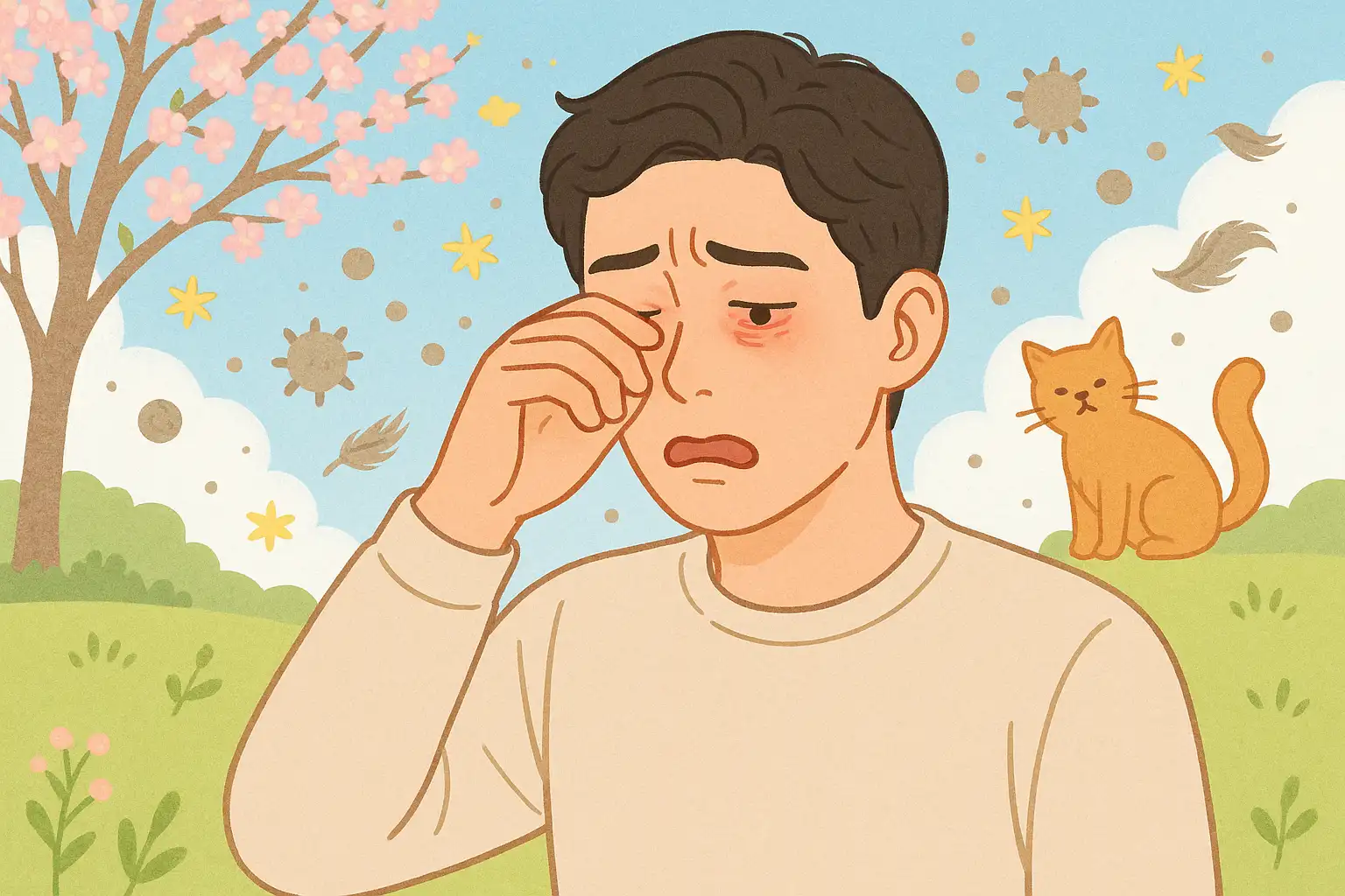 꽃가루, 미세먼지, 반려동물 털 등 알레르기 원인이 눈에 닿는 장면