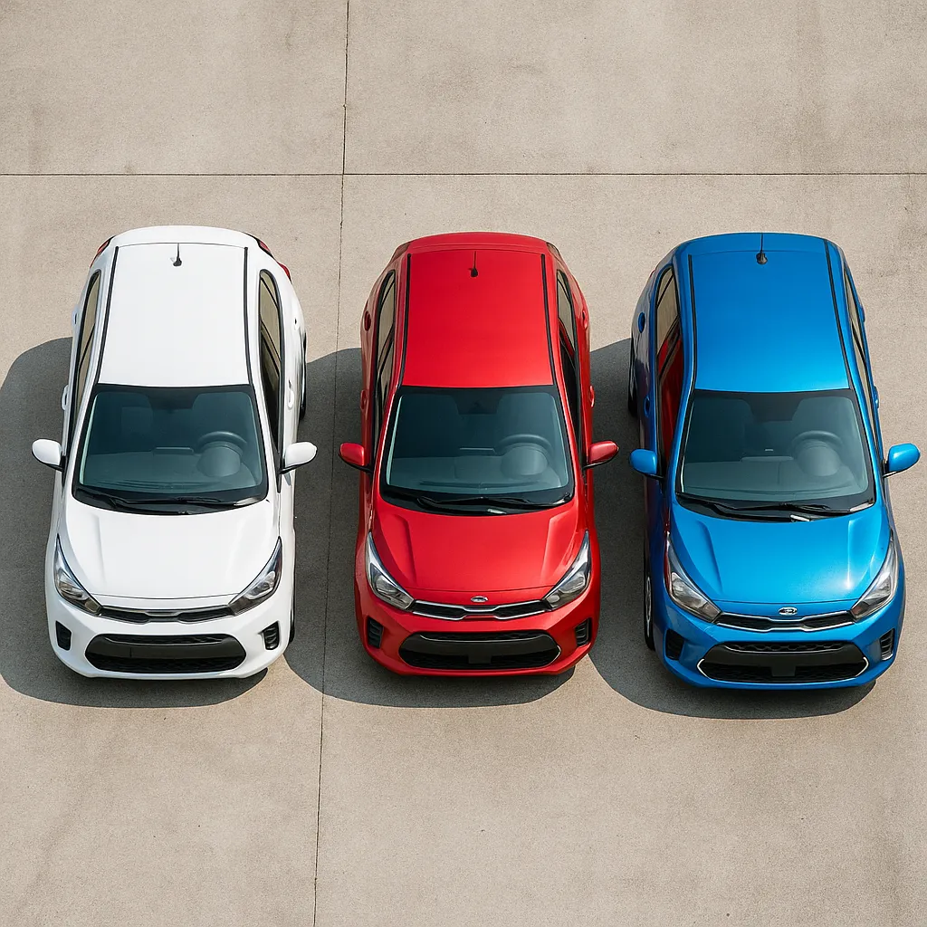 콘크리트 위에 나란히 주차된 국산 경차 세 대