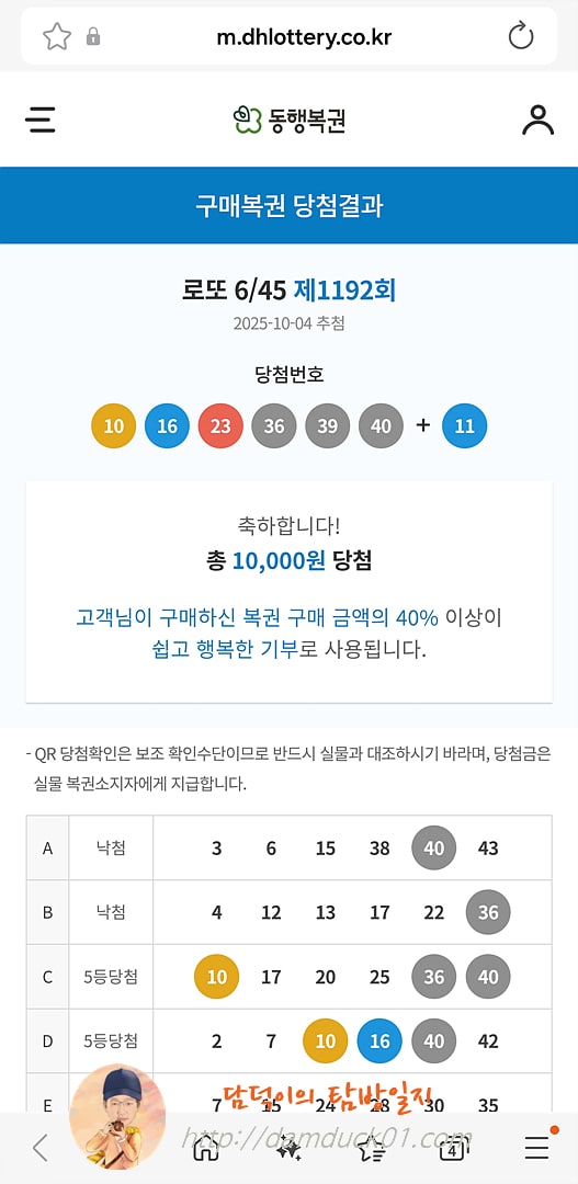 로또 6/45 제1192회 결과