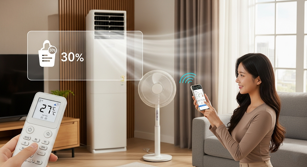 27도로 설정된 스마트 에어컨과 선풍기를 함께 사용하는 한국 거실