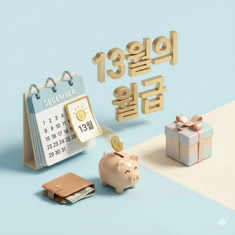 12월 달력 옆에 놓인 돼지 저금통으로 금화가 들어가는 모습을 담은 3D 일러스트입니다. 옆에는 선물 상자가 놓여 있어 연말정산 환급금과 답례품 혜택을 동시에 상징합니다. 전체적으로 밝고 희망찬 분위기이며 중앙에는 '13월의 월급'이라는 문구가 입체적으로 적혀 있습니다.