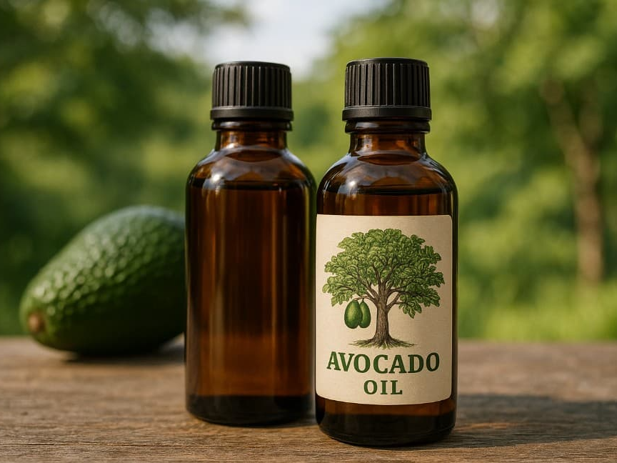 짙은 색 유리병에 담긴 아보카도 오일