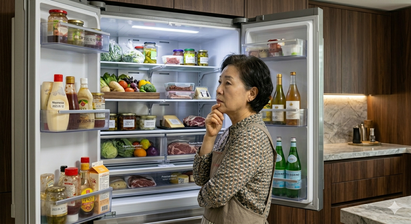 반찬과 식재료가 가득 들어 있는 냉장고 앞에서 고민하는 사람의 모습