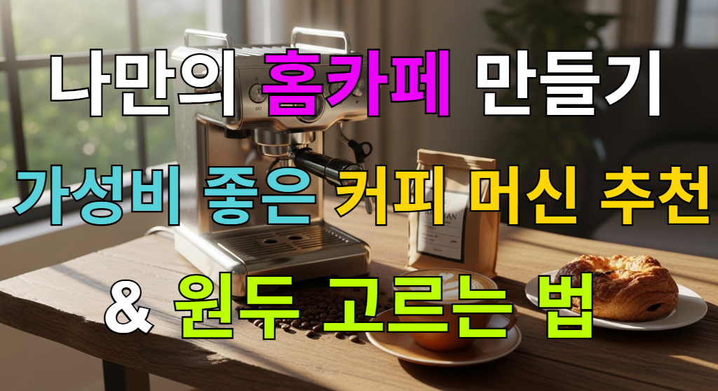 따스한 햇살이 비치는 아늑한 홈카페에 놓인 커피 머신과 라떼