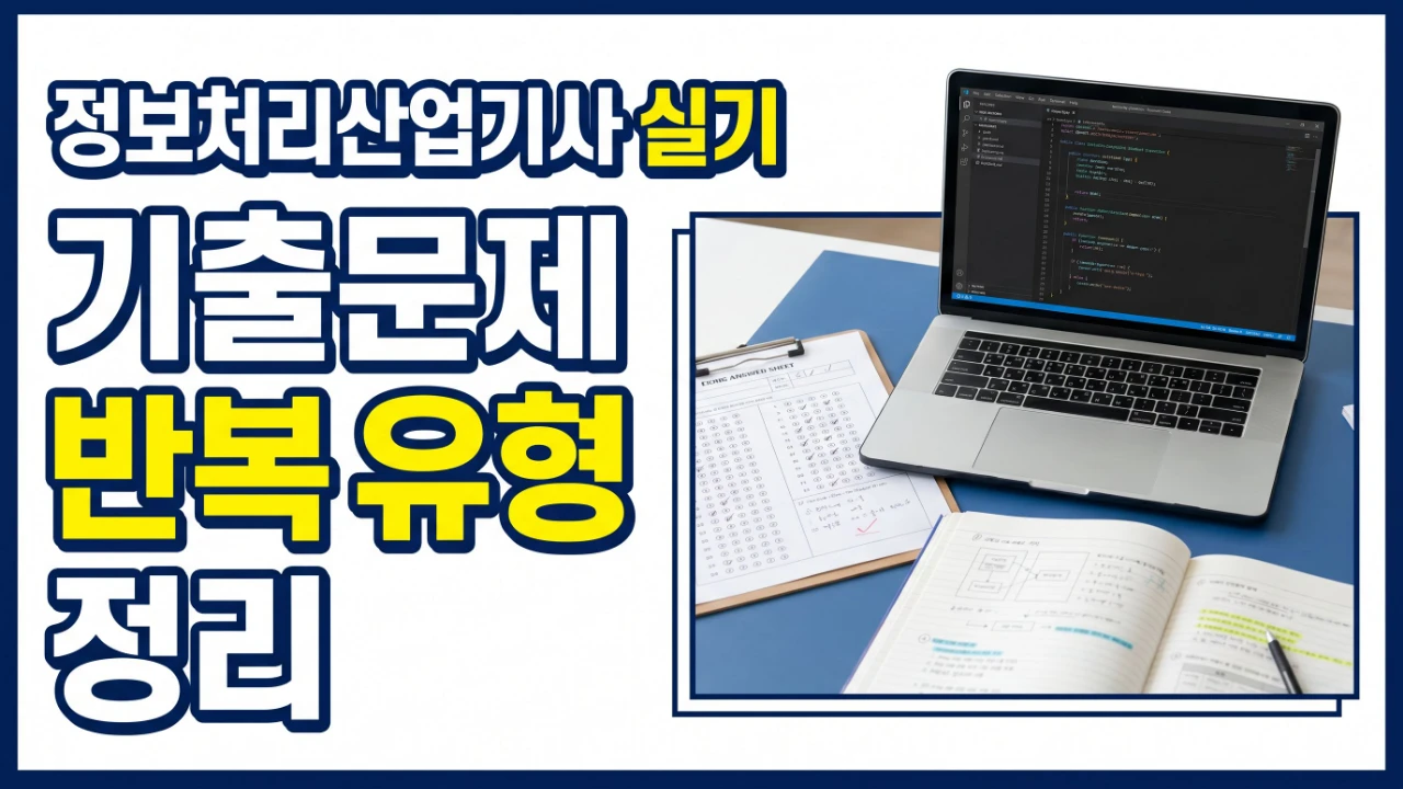노트북 화면의 코드와 공부 노트로 정보처리산업기사 실기 기출문제 학습을 표현한 이미지