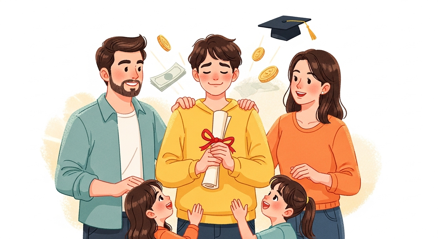 세 자녀 이상 다자녀 가구의 자녀가 국가장학금 전액 지원으로 대학을 졸업하고 행복해하는 모습