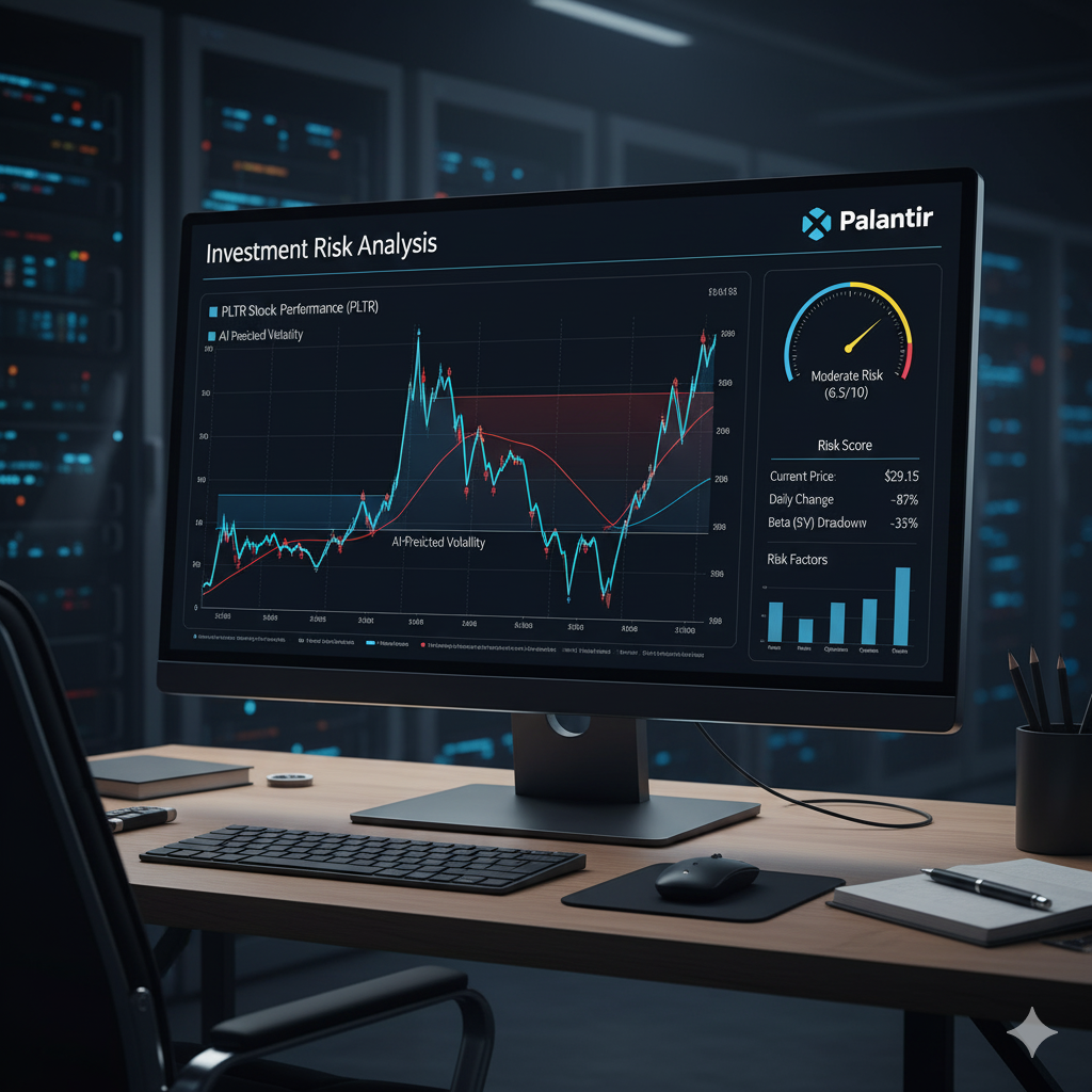 AI 주식 그래프와 팔란티어 로고가 함께 있는 투자 리스크 분석