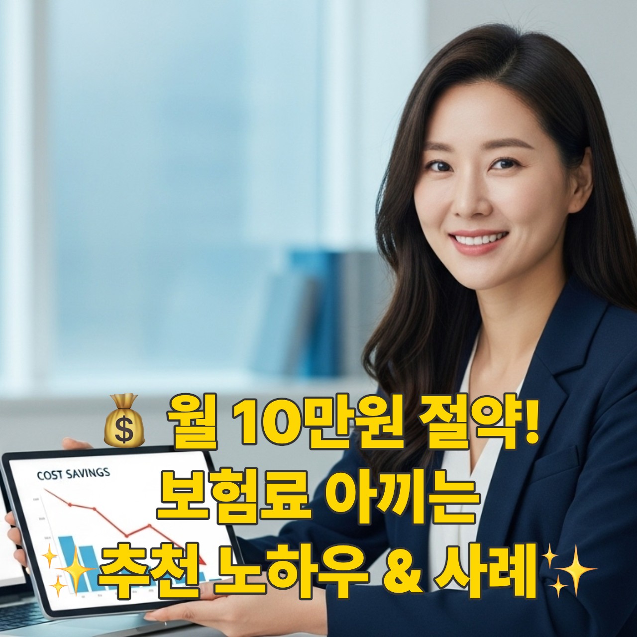 웃으며 노트북과 태블릿으로 보험료 절약 방법을 찾아보는 30대 한국 여성의 모습