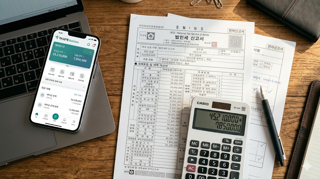 깔끔한 화이트 데스크 위에 놓인 세금 안내 서류와 최신형 계산기, 그리고 스마트폰 화면에 띄워진 국세청 홈택스 장려금 계산기 화면. 정돈된 비즈니스 라이프스타일을 보여주며, 세무 및 재정 계획을 직관적으로 연상시키는 시네마틱 8k 전문 사진.