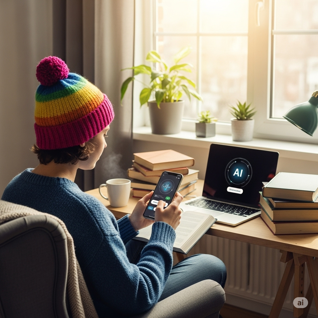 “책, 노트북, AI 앱과 함께 주말 시간을 보내는 사람의 모습”